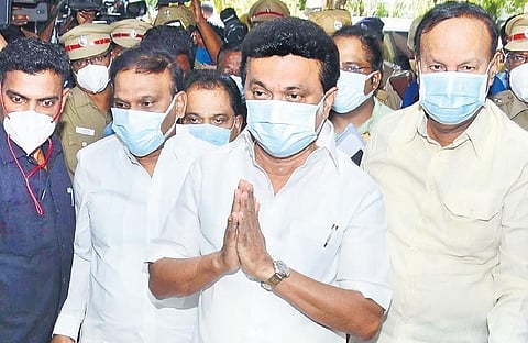 MK Stalin arrives at Anna Arivalayam on Monday in Chennai.
