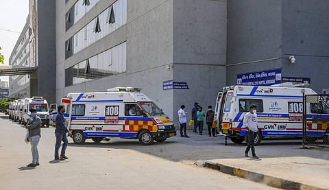 Ambulances lined up outside the COVID-19 OPD at the Government Civil Hospital, in Ahmedabad, Wednesday, April 14, 2021. (Photo | PTI)