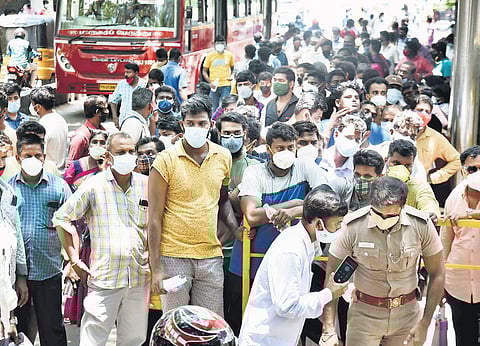 Relatives of Covid patients wait in a long queue to avail Remedesivir at Government Kilpauk Medical College in Chennai on Tuesday | p jawahar