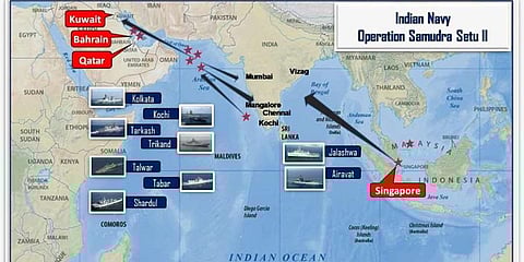 INS Talwar ferried two 27-ton liquid oxygen tanks from Bahrain, and INS Kolkata is carrying two 27-ton oxygen tanks, 400 oxygen cylinders and 47 concentrators. (Photo | Indian Navy)