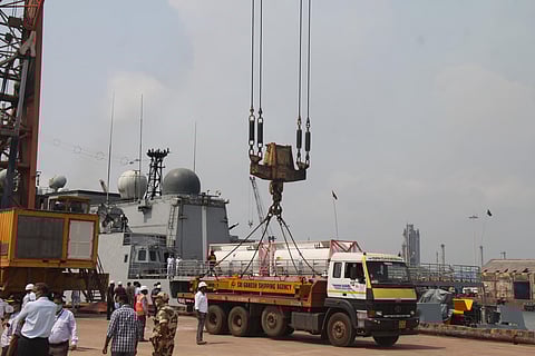 The liquid oxygen being unloaded from INS Talwar at Mangaluru Port (Photo | Special arrangement)