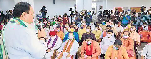 BJP national president JP Nadda addresses party workers on the incidents of post-poll violence in Kolkata on Wednesday | PTI