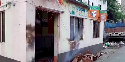 BJP office vandalized by unidentified people, in Ghoshpara road of Bhatpara. (Photo| ANI)