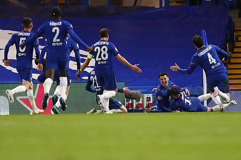 Chelsea's Mason Mount, center, celebrates with his teammates after scoring his side's second goal, against Real Madrid at Stamford Bridge in London, May 5, 2021. (Photo | AP)