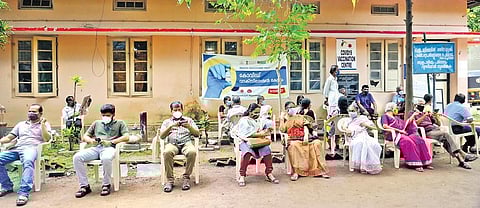 People follow social distancing as they wait for Covid vaccination at the General Hospital in Thiruvananthapuram. The Covid vaccination resumed at the centre on Thursday | Vincent Pulickal