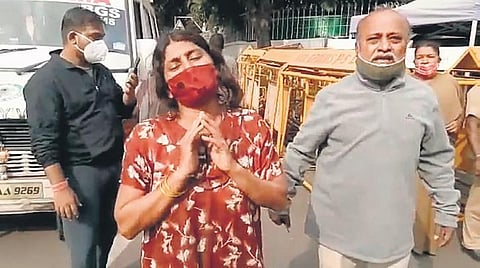 A patient’s wife outside Chief Minister BS Yediyurappa’s residence in Bengaluru on Thursday | Express
