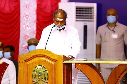 AINRC founder N Rangasamy being administered the oath of office for chief minister position at Raj Niwas in Puducherry. (Photo | Express)