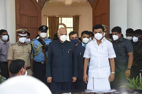 MK Stalin taking oath as the Chief Minister of Tamil Nadu at Raj Bhavan in Chennai. (Photo | Ashwin Prasath/EPS)