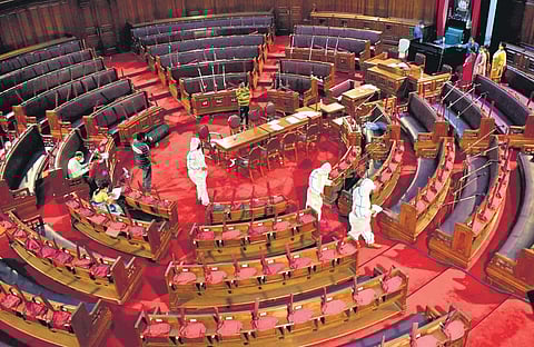 Healthcare workers sanitise the West Bengal Assembly House | Bibhash Lodh