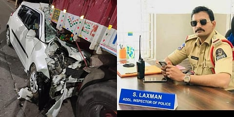 The mangled remains of the car (L) which had police inspector S Laxman. (Photo| EPS)
