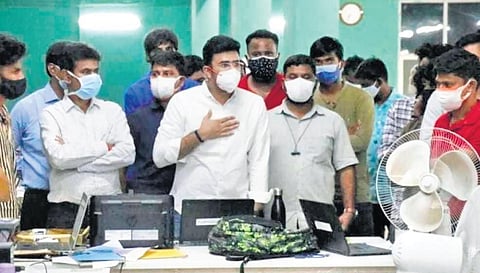 MP Tejasvi Surya reportedly visited the BBMP war room on Thursday and expressed regret