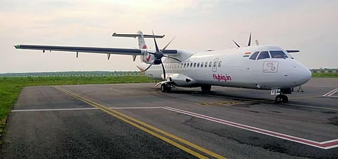 The aircraft was accorded a water cannon salute by the airport officials. (Photo | Special Arragement)