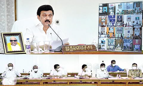 MK Stalin during a meeting with Collectors and other district officials on Friday