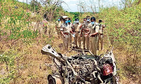 Police inspect the blast site near Mamillapalle limestone mines in Kalasapadu mandal of Kadapa district on Saturday.