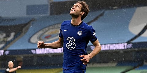Marcos Alonso celebrates after scoring during the EPL match between Manchester City and Chelsea at the Etihad Stadium in Manchester. (Photo | AP)
