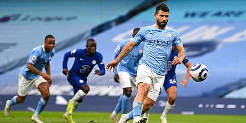 Sergio Aguero shoots a penalty kick during a match between Manchester City and Chelsea. (Photo | AP)