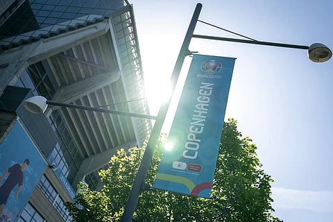 The Danish national Stadium 'Parken' and the area around are being decorated with UEFA's banners and signs, in Copenhagen, Denmark. (Photo | AP)