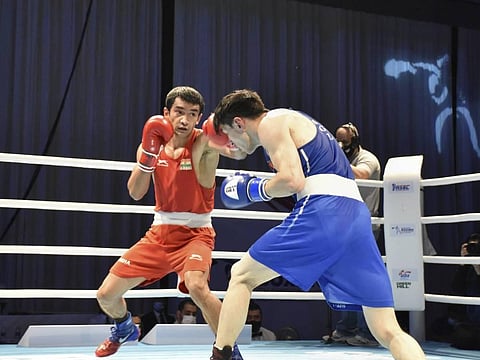 Shiva Thapa in action during his final bout at ASBC Asian Boxing Championships in Dubai. (Photo | PTI)