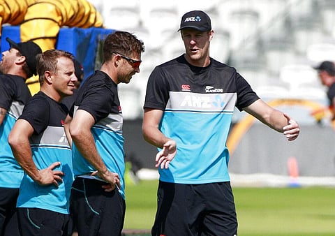 New Zealand bowler's Kyle Jamieson, right, Tim Southee and Neil Wagner, left, chat during a practice session at Lord's Cricket Ground in London. (Photo | AP)