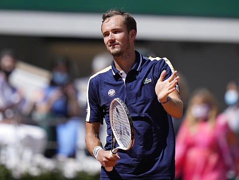 Russia's Daniil Medvedev celebrates after defeating Kazakhstan's Alexander Bublik during following their first round match on day two of the French Open. (Photo | AP)