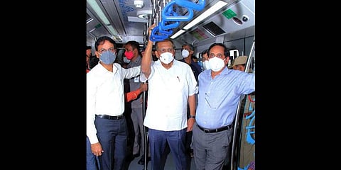 Chief Secretary Somesh Kumar, with other officials, travels by Metro on Monday to oversee the safety arrangements.