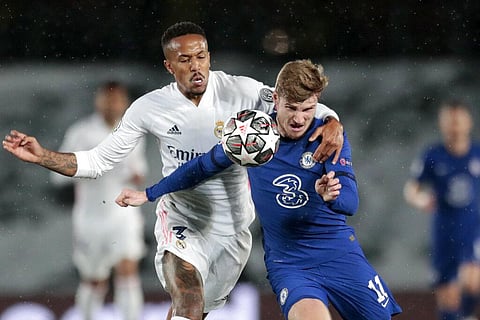 Chelsea's Timo Werner vies for the ball with Real Madrid's Eder Militao, left, during the Champions League semifinal first leg soccer match (Photo | AP)