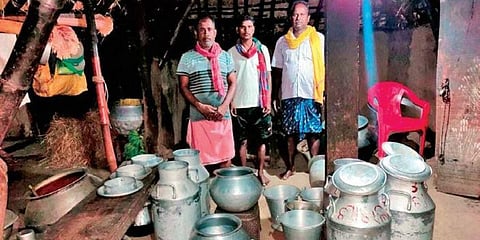 Dairy farmers with supplies of cottage cheese in Jagatsinghpur. (Photo | EPS)