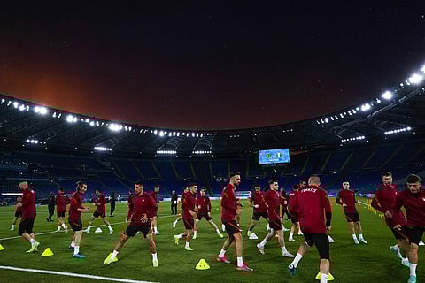 Turkey players warm up during a training session of the national soccer team at the Olympic stadium in Rome, Thursday, June 10, 2021. (Photo | AP)