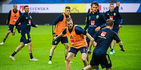 Sweden's midfielder Sebastian Larsson (C) attends a training session in Solna. (File photo| AFP)