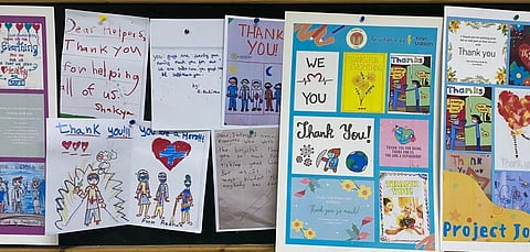 The cards include cartoons of Captain America, Spiderman and Superman, showing them as doctors who saved the lives of patients (Photo | Special arrangement)