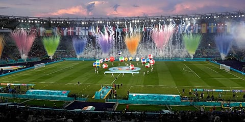 General view of the stadium during the opening ceremony prior to the Euro 2020 soccer championship group A match between Turkey and Italy at the Rome Olympic stadium. (Photo | AP)