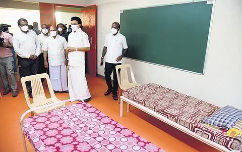 Chief Minister MK Stalin inspecting Siddha Covid Care Centre at AM Jain School in Chennai on Tuesday | r satish babu