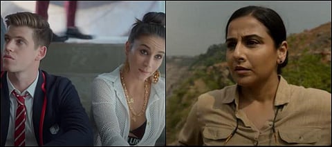 (L) A still from Spanish series 'Elite' season 4 and (R) Vidya Balan in 'Sherni' (Photos | YouTube screengrabs)