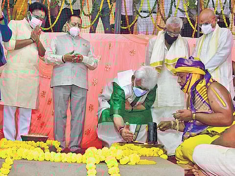 Jammu Lieutenant Governor Manoj Sinha, Union Ministers G Kishan Reddy and Jitendra Singh during the foundation stone laying ceremony of Sri Venkateswara Swamy temple in Majhin village of Jammu on Sund