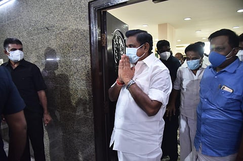 AIADMK Joint Coordinator EPS leaves the party headquarters after an interaction with OPS and other MLAs on Monday in Chennai (Express Photo | P Jawahar)