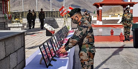 Maj Gen Akash Kaushik, Officiating GOC Fire and Fury Corps laid a wreath at Leh War Memorial and paid homage to martyrs who laid down their lives at Galwan last June. (Photo | PTI)