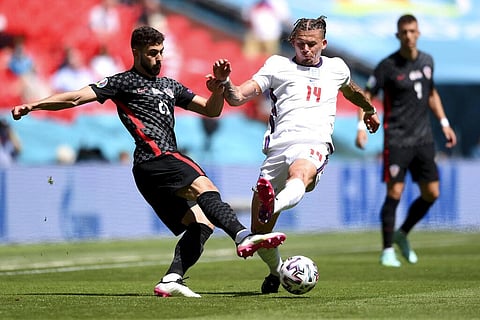 England's Kalvin Phillips and Croatia's Joško Gvardiol go for the ball during the Euro 2020 soccer championship group D match between England and Croatia. (Photo | AP)