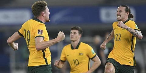 Australia's players celebrate after a goal during the World Cup 2022 Group B qualifying soccer match between Jordan and Australia in Kuwait City, Kuwait. (Photo | AP)