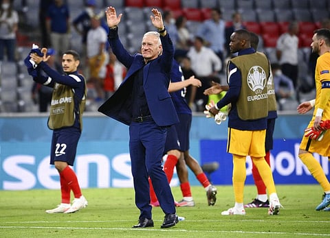 France's manager Didier Deschamps celebrates after the Euro 2020 soccer championship group F match between Germany and France at the Allianz Arena stadium in Munich. (Photo | AP)