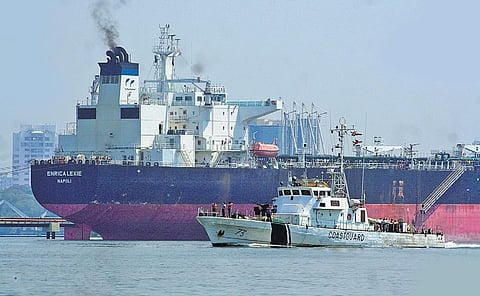 Indian Coast Guard ship Lakshmi Bai, which tracked down the Italian tanker Enrica Lexie after the firing incident, on patrolling duty in the sea | File pic