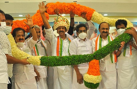 Party workers garlanded K Sudhakaran MP who took charge as the KPCC president at Indira Bhavan. (Photo | B P Deepu, EPS)
