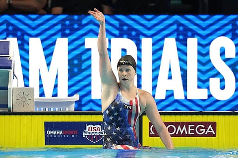 Lilly King reacts after winning the women's 100 breaststroke during wave 2 of the U.S. Olympic Swim Trials on Tuesday, June 15, 2021. (Photo | AP)