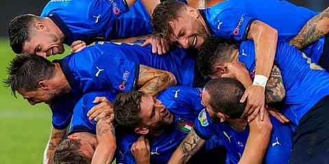 Italy players celebrate their second goal during the Euro 2020 match against Switzerland. (Photo | AP)