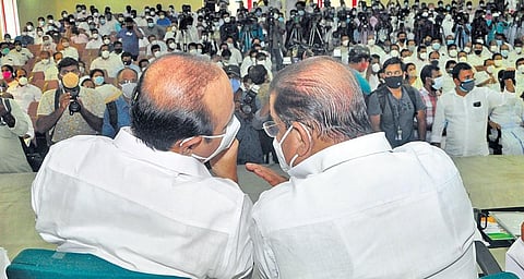 Opposition Leader V D Satheesan, left, and state Congress president K Sudhakaran engrossed in a conversation at Indira Bhavan on Wednesday