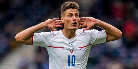 Patrik Schick celebrates after scoring his second goal during the Euro 2020 group D match between Scotland and Czech Republic, at Hampden Park stadium in Glasgow. (Photo | AP)