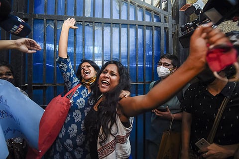 Natasha Narwal (L) and Devangana Kalita outside Tihar prison (Photo | PTI)