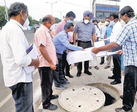 Chennai Corporation Commissioner Gagandeep Singh Bedi inspects storm water drain projects on Thursday | Express