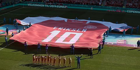 A giant jersey in support of Danish player Christian Eriksen is displayed ahead of the Euro 2020 group B match between Denmark and Belgium at the Parken Stadium in Copenhagen. (Photo | AP)