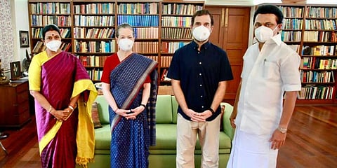 MK Stalin Friday met Congress chief Sonia Gandhi and where Rahul Gandhi at her residence. (Photo | @RahulGandhi)