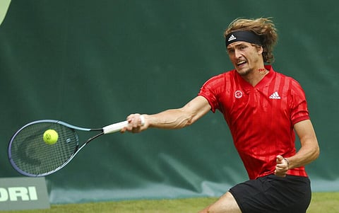 Germany's Alexander Zverev returns the ball during his ATP Tour Singles, Men, 1st Round tennis match against Germany's Dominik Koepfer in Halle. (Photo | AP)